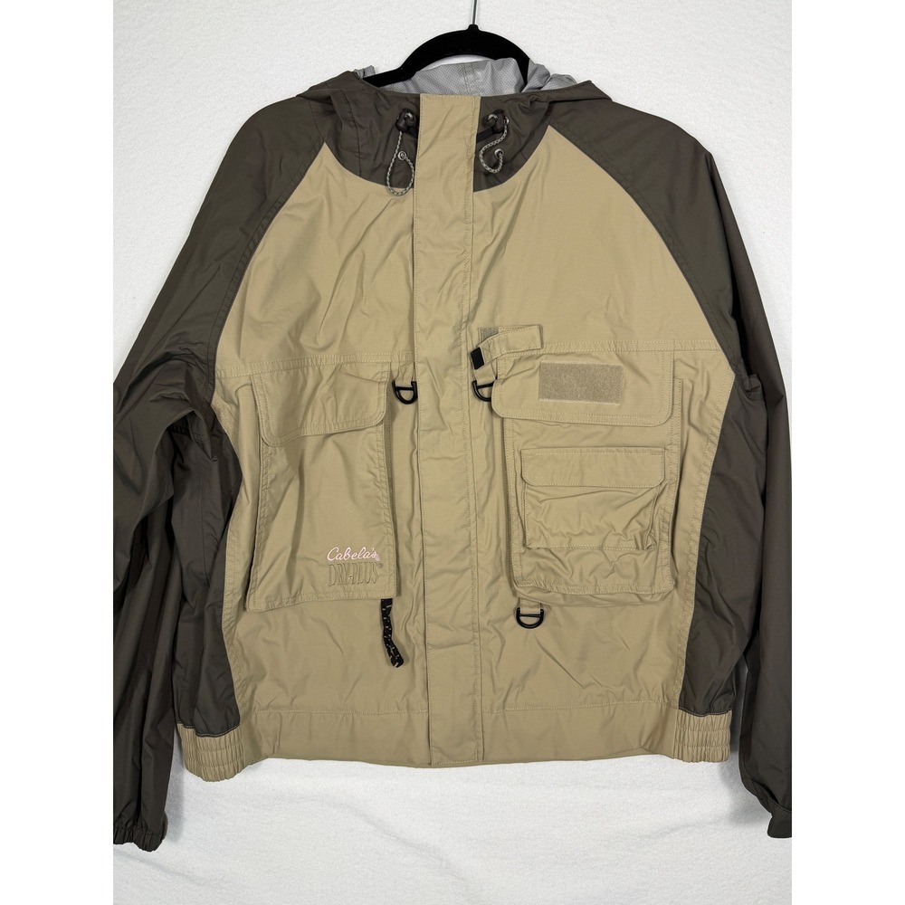 Cabela's Dry-Plus Rain Jacket Womens XL Tan Brown Utility Hooded Fishing Hunting